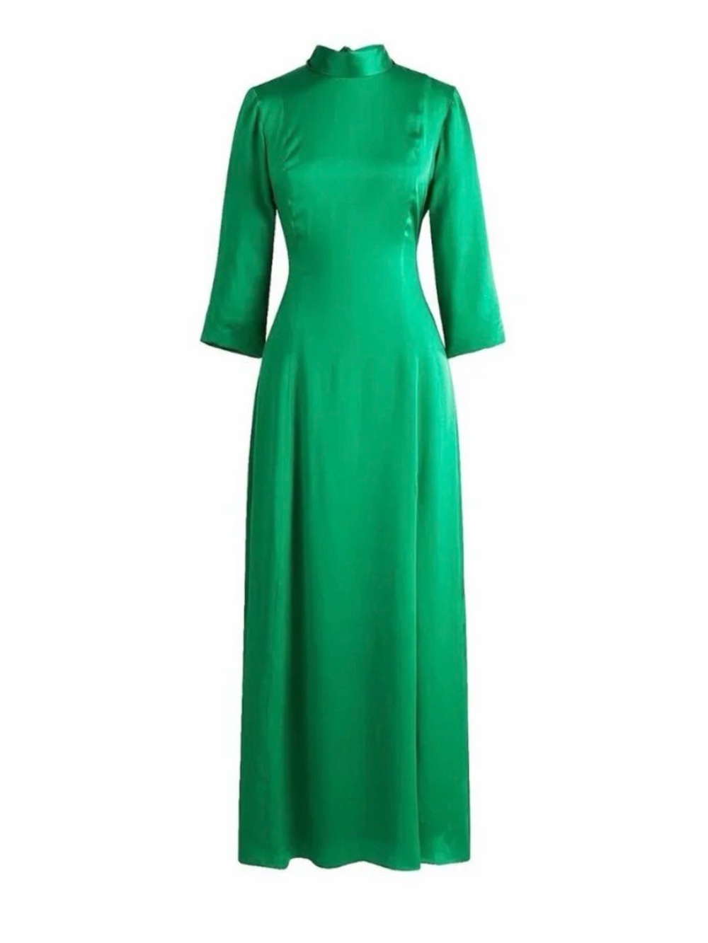 Green Mock-Neck Open-Back Charmeuse Silk Maxi Dress